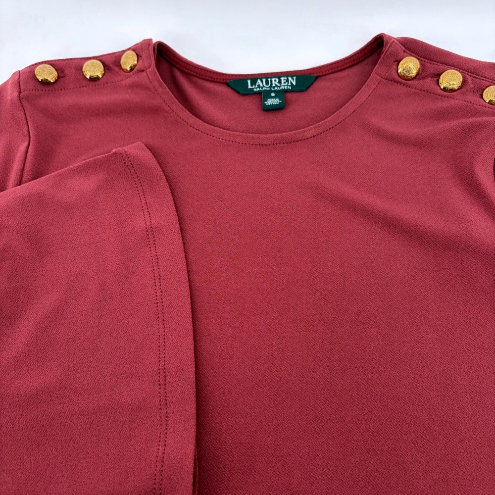 Lauren Ralph Lauren Burgundy Gold Crest Button Shoulder Tunic Top Small